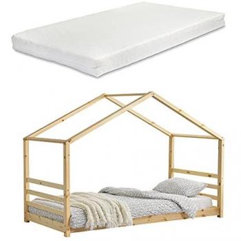 Cama infantil con colchón de espuma fría 90 x 200 cm - Forma de casita - Madera de pino y Oeko-Tex 100