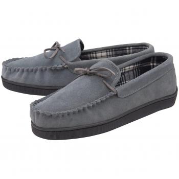 Dunlop Mens Real Suede Leather Fleece Lined Moccasin Slippers with Memory Foam & Rubber Sole (Size 12, Grey)