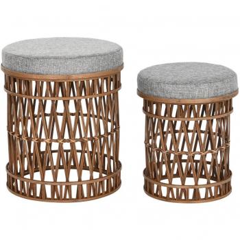 Set de Reposapiés de Bambú y Poliéster - Toque Natural y Exótico - Mueble para Salón - 40 x 40 x 48 cm - Gris Marrón - DKD Home Decor