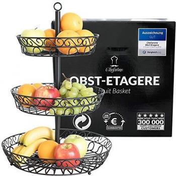 Chefarone frutero de 3 pisos - Cesta de frutas metálica para mostrador y organizador cocina – Fruteros de cocina negro estilo vintage – Para verduras y frutas frescas - Soporte de frutas con cuencos