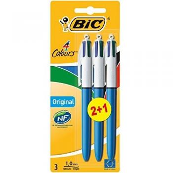 BIC 4 Colores Bolígrafos Retráctiles, Original, Colores Surtidos, Punta Media (1,0mm), Blíster de