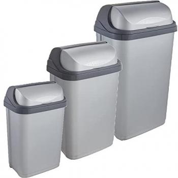 Keeeper Pack de 3 cubos de basura con tapa deslizante Rasmus 10/25/50 litros en color plateado
