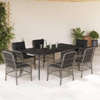 7-Piece Gray Poly Rattan Garden Dining Set with Cushions