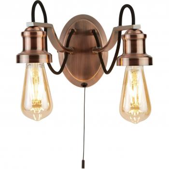 Aplique de pared Olivia en look antiguo con interruptor, metal negro y cobre, 2 bombillas E27, dimensiones 16cm