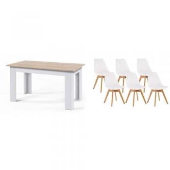 Pack Mesa Fija de Comedor o Cocina Blanco y Cambria + 6 Sillas Nórdicas Blancas