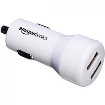 Amazon Basics - Cargador de coche, de 4,8 A / 24 W, 2 puertos USB, para dispositivos Apple y Android, Blanco