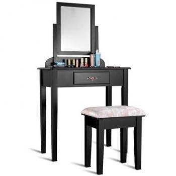 Costway Square Contemporary Wood and MDF Makeup Desk Vanity Set in Black