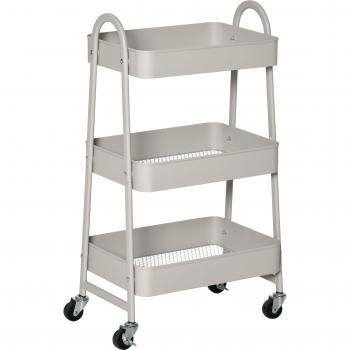 HOMCOM Carrito Auxiliar de Cocina con Ruedas, 3 Niveles, Frenos, Multiusos para Almacenamiento en Baño, Salón, Dormitorio u Oficina, Acero, Color Gr