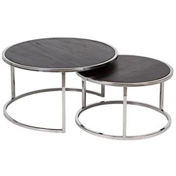 Juego de 2 Mesas de Centro Nido Redondas de Acero Inoxidable Plateado y Madera de Mango Natural 75 x 75 x 41 cm