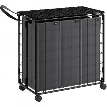 Cesto de ropa sucia 130 L negro con 3 bolsas extraíbles, tapa y ruedas, ideal para lavandería, dimensiones 57x33x65 cm