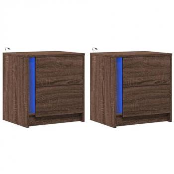 Mesitas de Noche Luces LED 2 uds Madera Ingeniería Roble Marrón