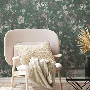Papel Pintado No Tejido Floral Vintage Natural Living - Verde, Blanco y Rosa (10,05 m x 0,53 m)