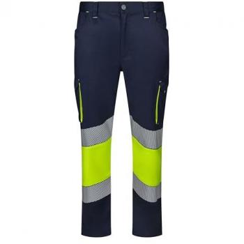 Pantalón Stretch Bicolor Alta Visibilidad con Cinta Segmentada - Azul Navy y Amarillo Flúor - Talla S