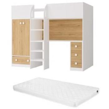 Lit mezzanine 90 x 190 cm con armario y escritorio - Blanco y natural + Colchón - CINAMO