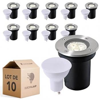 Lote de 10 focos empotrables redondos de suelo acero inoxidable 304 IP65 + bombilla GU10 5W luz fría 6000K