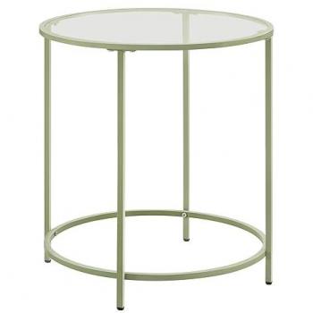 Mesa auxiliar redonda de cristal con marco de acero, disponible en verde laurel o blanco perla, ideal para salón y balcón
