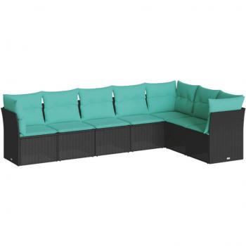 7-Piece Black Poly Rattan Garden Sofa Set with Cushions