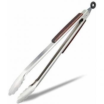Pinzas de Cocina de Acero Inoxidable con Mango de Madera, 38 cm, Utensilio para Servir, Color Plateado y Marrón - Relaxdays