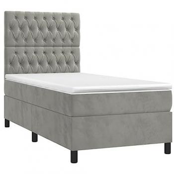 Cama box spring con colchón de terciopelo gris claro 90x190 cm, estructura de muelles, colchón viscoelástico, espuma, protector, muelles ensacados, adaptable, acolchado reversible