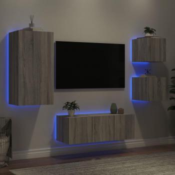 Mueble de TV pared con LED 5 piezas madera ingeniería gris Sonoma