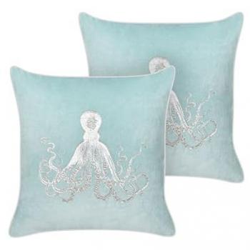 Conjunto de 2 cojines cuadrados de terciopelo azul marino con motivo de pulpo, 45 x 45 cm, relleno de poliéster