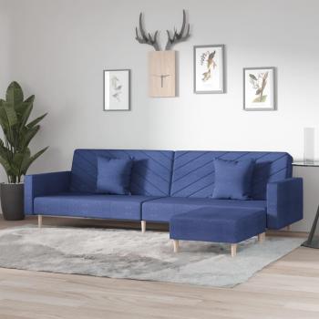 Sofá cama 2 plazas con reposapiés y 2 cojines de tela azul
