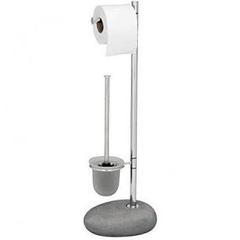 Wenko Stand WC-Garnitur Pebble Stone - WC-Bürstenhalter, Stahl, 23,5 x 70 x 19 cm, chrom/grau