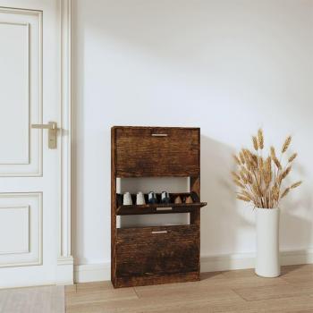 Mueble zapatero de madera contrachapada en color roble ahumado, dimensiones 59x17x108 cm, acabado marrón