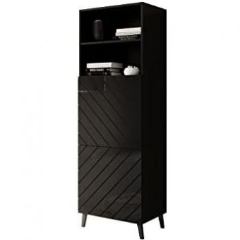 Estantería Charlotte 178 con puertas, Aglomerado laminado y MDF, 177x60x40cm, color Negro y Negro brillante
