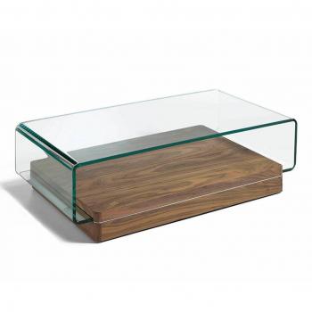 Mesa de Centro Curvada de Cristal y Nogal - 120 x 70 x 33 cm - Moderna y Sofisticada