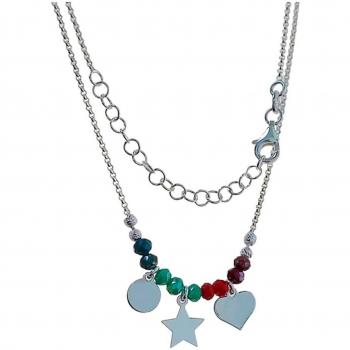 Gargantilla de Plata Ley 925 para Mujer, 39 cm de longitud, cadena forzada de 1.9 mm, colgantes en forma de disco, estrella y corazón con piedras de colores