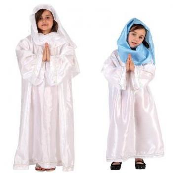 Disfraz de Virgen blanco y azul para niña, talla 3-4 años