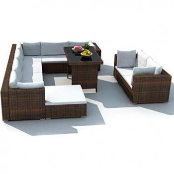 10-Piece Brown Poly Rattan Garden Lounge Set with Cushions