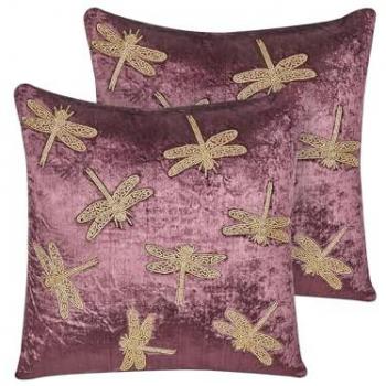 Conjunto de 2 cojines decorativos de terciopelo violeta con motivo de libélula, 45 x 45 cm, estilo moderno glamour