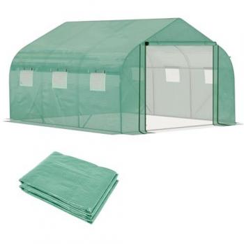 Outsunny Invernadero de túnel verde 3,5 x 3 x 2 m con puerta y 6 ventanas enrollables para cultivos de plantas y flores