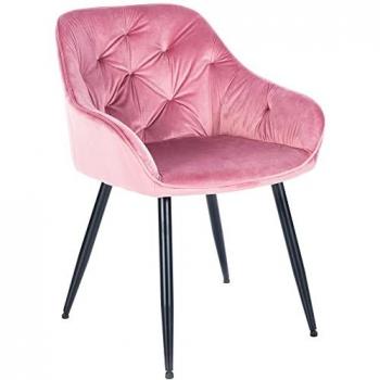 Silla de Salón Cassis en Terciopelo Rosa con Respaldo y Reposabrazos, Base Metálica y Protección para el Suelo