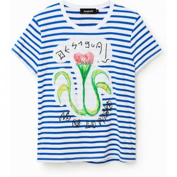 Camiseta de rayas con flores para mujer Desigual, Talla L, Multicolor, Detalles en contraste