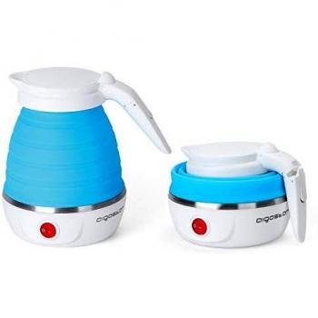 Aigostar Sapphire - Hervidor eléctrico plegable de viaje, doble voltaje 100~240V, mango Cool Touch, hasta 1000W de potencia, capacidad de 600 ml, recalentamiento automático. Libre de BPA.