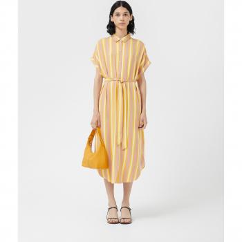 Vestido Midi Camisero Rayas Mujer - Vestido midi de mujer con diseño camisero, estampado de rayas, manga corta, cinturón a juego y tejido ligero ideal para primavera-verano