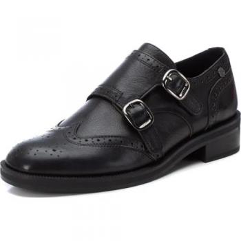 Zapatos de mujer Carmela de piel con suela gruesa y cierre de doble hebilla, color negro, talla 40