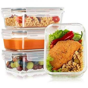 Twinzee Pack 4 Recipientes de Cristal para Alimentos, Capacidad 880mL 1 Gran Compartimento - Recipiente Cristal sin BPA para Comidas - Meal Prep Comidas, Conservación, Congelación Alimentaria