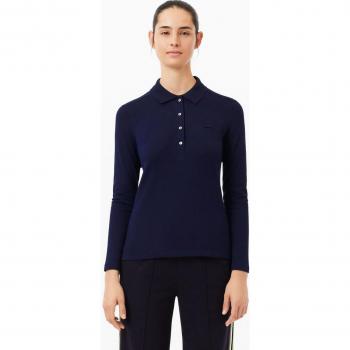 Lacoste Women's Slim Fit Long Sleeve Stretch Piqué Polo Shirt - Blue, Size 2XL