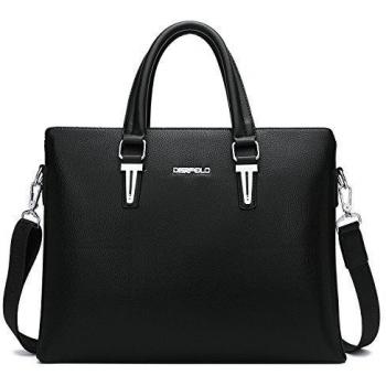 Unives Homens Pasta de Couro para Empresas Portátil Mensageiro Saco do Clássico da Bolsa de Ombro para Notebook Case Trabalho Saco de Escola Faculdade Negro
