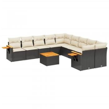 11-Piece Black Poly Rattan Garden Sofa Set with Cushions