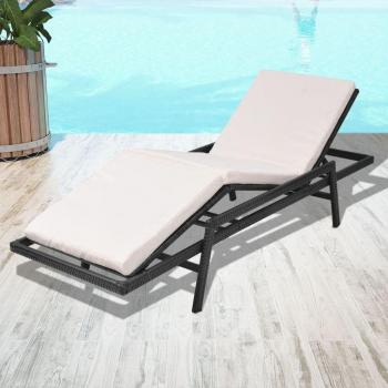 Tumbona de exterior con cojín de ratán sintético marrón y negro, ideal para jardín, playa, piscina y terraza