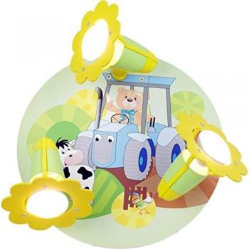 Lámpara de Techo Tractores con Motivo de Granja, 3 Focos, Verde Claro y Amarillo