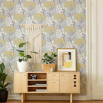 Papel Tapiz Floral Lykke Árbol Gris y Ocre 10m