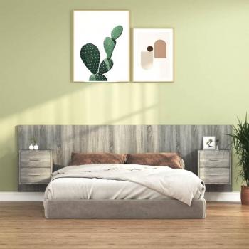 Cabecero de cama y mesitas Día y Noche de madera contrachapada gris Sonoma