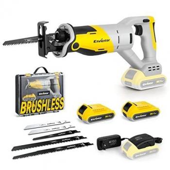 Sierra Sable Batería, ENVENTOR Brushless 20V Sierra Alternativa Inalámbrica, 2 Baterías 2.0Ah, Velocidad Variable de 0-3000RPM, 5 Hojas de Sierra, Corta Madera, Metal, Plástic, Ramas