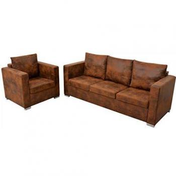 vidaXL Set Sofá 2 Pz Piel Ante Artificial Silla Asiento Sillón Taburete Mueble